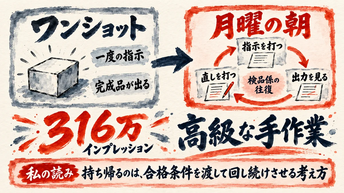 ワンショットは一度の指示で完成品が出る。月曜の朝は、指示を打つ、出力を見る、直しを打つという検品係の往復になる。316万インプレッションの投稿と、高級な手作業という言葉。私の読みは、持ち帰るのは合格条件を渡して回し続けさせる考え方、の図解