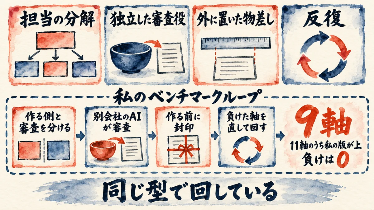 ワンショットの指示文に入っていた4つの部品、担当の分解、独立した審査役、外に置いた物差し、反復。私のベンチマークループは、作る側と審査を分け、別会社のAIが審査し、作る前に封印し、負けた軸を直して回す。11軸のうち9軸で私の版が上、負けは0。同じ型で回している、の図解