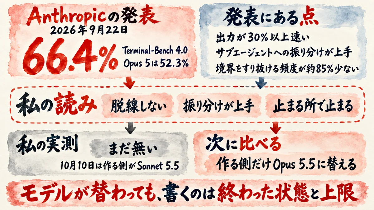 Anthropicの2026年9月22日の発表で、Terminal-Bench 4.0はOpus 5.5が66.4%、Opus 5は52.3%。出力が30%以上速い、サブエージェントへの振り分けが上手、境界をすり抜ける頻度が約85%少ない。私の読みは、脱線しない、振り分けが上手、止まる所で止まる。私のOpus 5.5での実測はまだなく、10月10日は作る側がSonnet 5.5。次は作る側だけOpus 5.5に替えて比べる。モデルが替わっても書くのは終わった状態と上限、の図解