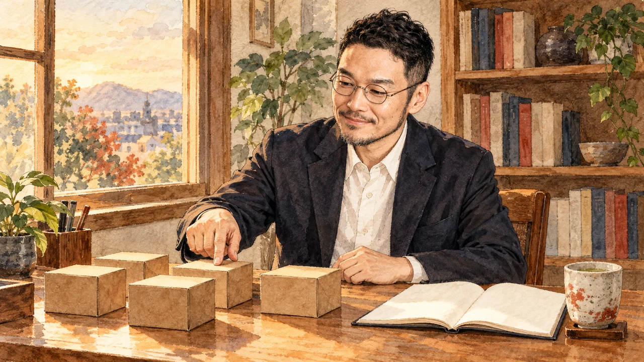 窓辺の机で、ひろくんが小さな箱を一つずつ指で確かめているイラスト。Botの数が増えても、一つずつ人が確かめる場面