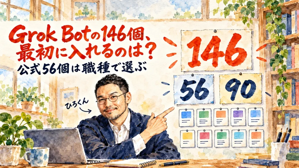 Grok Botの146個、最初に入れるのは、というタイトルの水彩イラスト。ひろくんが机のノートPCの前で、右の壁の札146、56、90を手で示している
