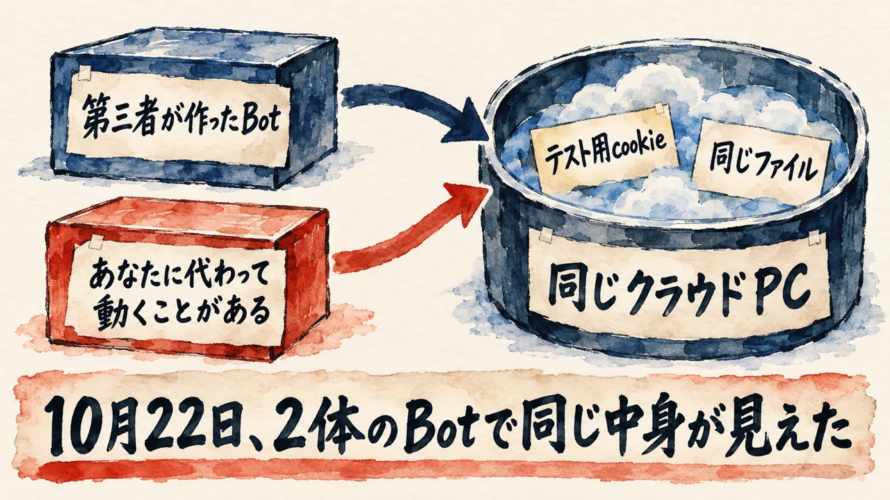第三者が作ったBotと、あなたに代わって動くことがあるBotが、同じクラウドPCに入る図解。10月22日、2体のBotでテスト用cookieと同じファイルの中身が見えた
