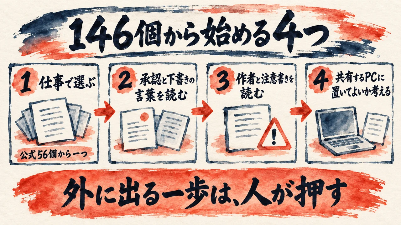 146個から始める4つの手順。1仕事で選ぶ（公式56個から一つ）、2承認と下書きの言葉を読む、3作者と注意書きを読む、4共有するPCに置いてよいか考える。外に出る一歩は人が押す