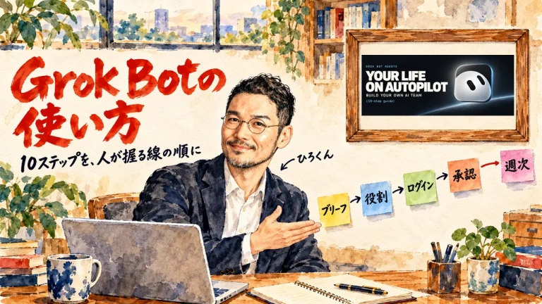 Grok Botの使い方を解説するアイキャッチ。右上の額縁に元記事のカバー画像
