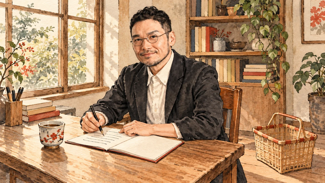 窓辺の机でノートに書き込むひろくんと、空の買い物かごのイラスト。送る前に一通ずつ確かめる場面