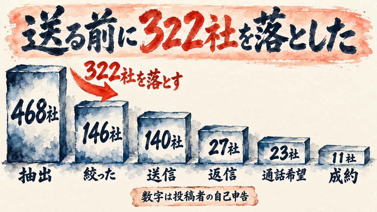 468社を抽出し、146社に絞り、140社に送って27社が返信、23社が通話を希望、11社が成約した流れの図解。送る前に322社を落とした。数字は投稿者の自己申告