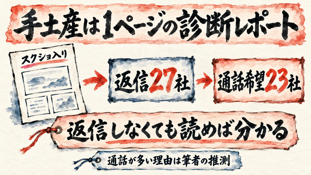 手土産はスクショ入りの1ページ診断レポート。返信27社、通話希望23社。通話が多い理由は筆者の推測。返信しなくても読めば分かる