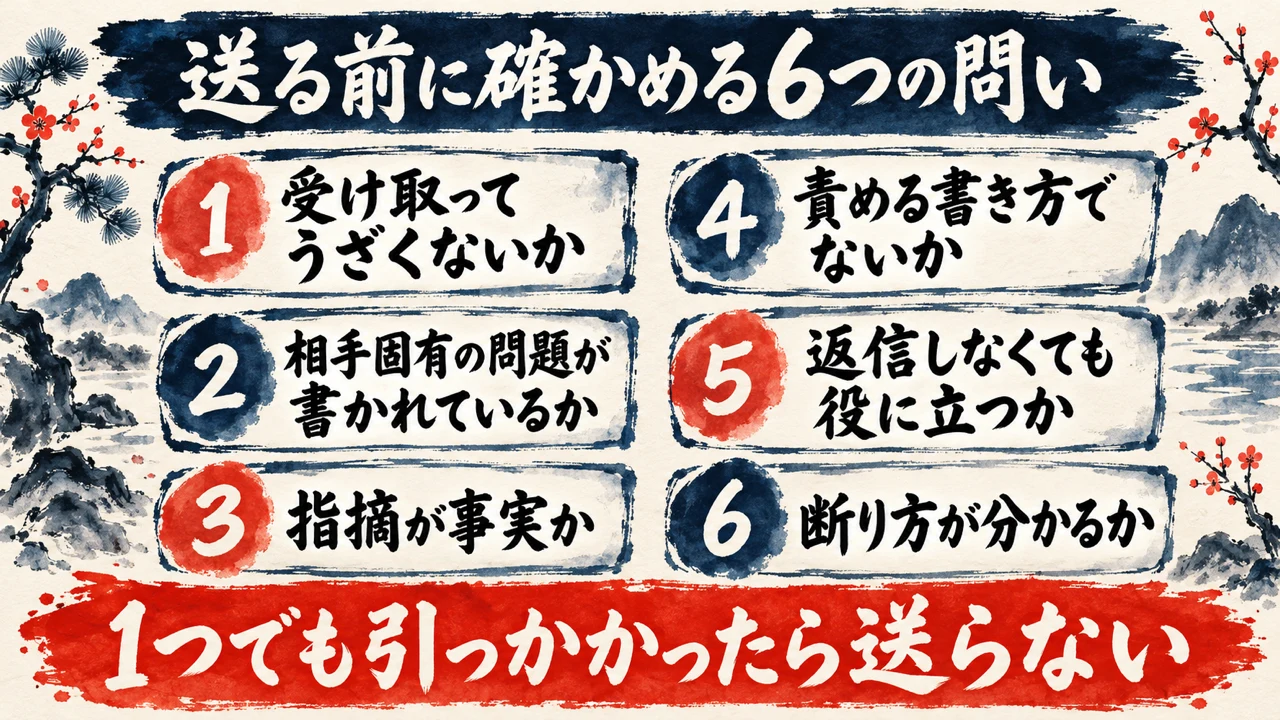 送る前に確かめる6つの問いの図解。受け取ってうざくないか、相手固有の問題が書かれているか、指摘が事実か、責める書き方でないか、返信しなくても役に立つか、断り方が分かるか。1つでも引っかかったら送らない