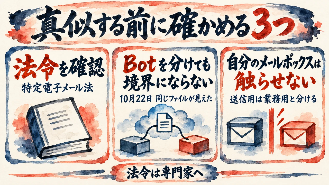 真似する前に確かめる3つの図解。特定電子メール法など法令を確認する、Botを分けても境界にならない（10月22日に同じファイルが見えた）、自分のメールボックスは触らせず送信用は業務用と分ける