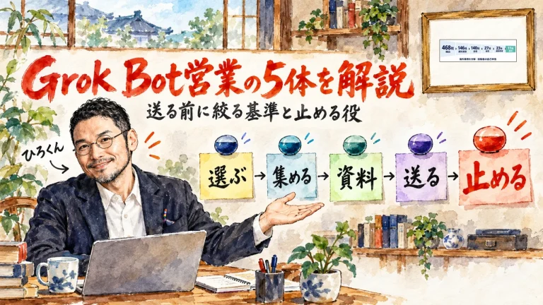 Grok Bot営業の5体を解説、というタイトルの水彩イラスト。ひろくんが机のノートPCの前で、右の壁に並ぶ選ぶ、集める、資料、送る、止めるの5枚の付箋を手で示している。5枚目の止めるだけ朱色。額縁には元記事の468社から11社へのファネル図