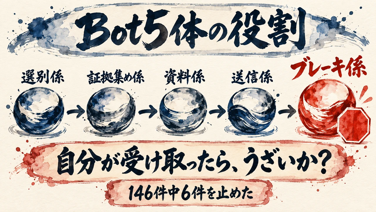 Bot5体の役割の図解。選別係、証拠集め係、資料係、送信係、ブレーキ係の順。5番目のブレーキ係は自分が受け取ったらうざいかを問い、146件中6件を止めた