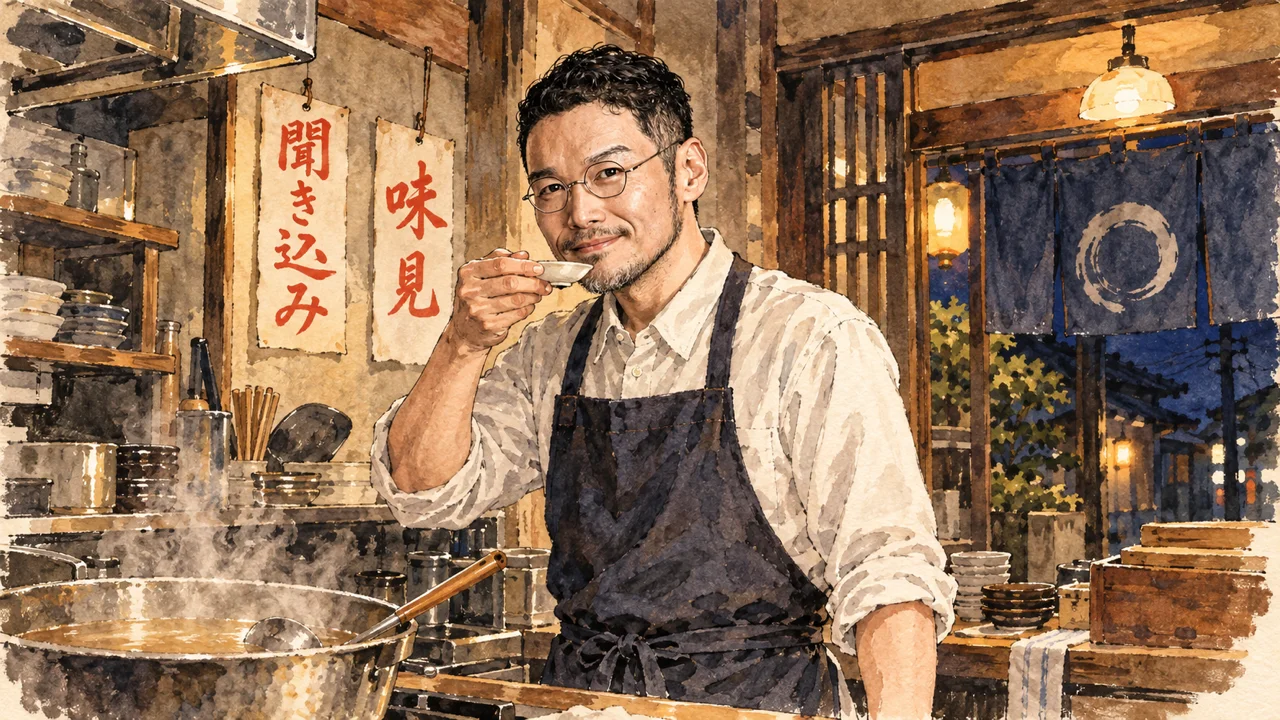 夜の小さな定食屋の調理場で、エプロン姿のひろくんが小皿でスープを味見している図解