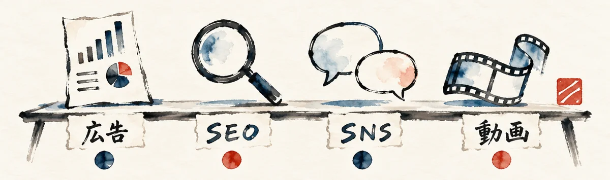 広告、SEO、SNS、動画の4つの活用例が机の上に並ぶ図解