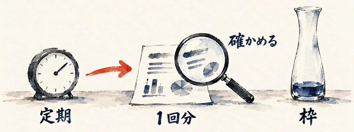 時計、1回分の報告、虫眼鏡、残りの少ない容器で、定期にする前に確かめる図解
