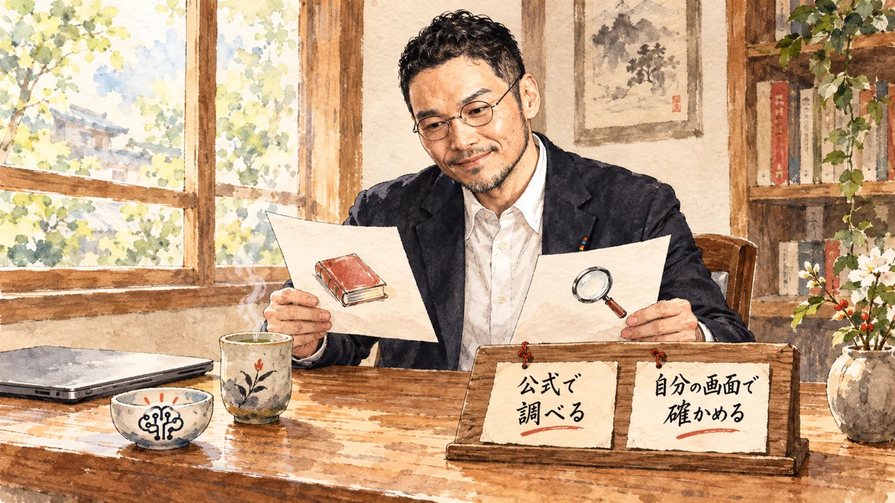 窓辺の木の机で、ひろくんが2枚の紙を見比べている。紙の上は小さな本の絵と虫眼鏡の絵。机の上の木の板に、公式で調べる、自分の画面で確かめる、の2枚の札