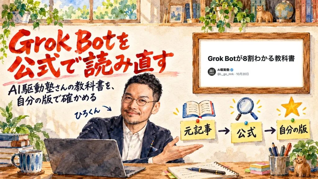 Grok Botを公式で読み直す。AI駆動塾さんの教科書を、自分の版で確かめる。付箋は元記事、公式、自分の版。右上の額縁に、元記事のX記事タイトルと筆者の表示