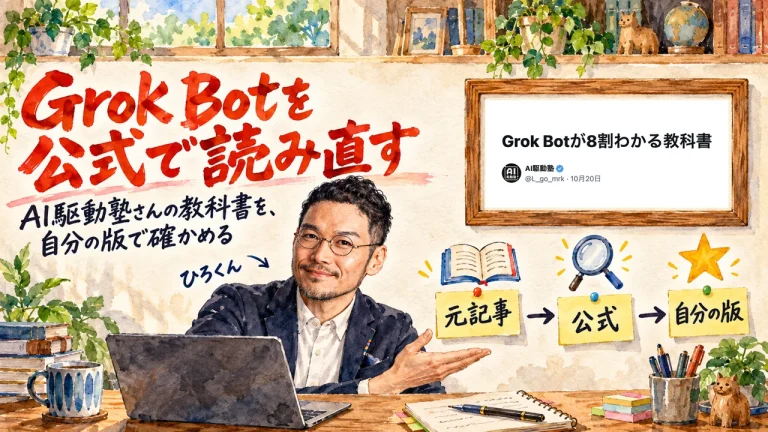 Grok Botを公式で読み直す。AI駆動塾さんの教科書を、自分の版で確かめる。付箋は元記事、公式、自分の版。右上の額縁に、元記事のX記事タイトルと筆者の表示