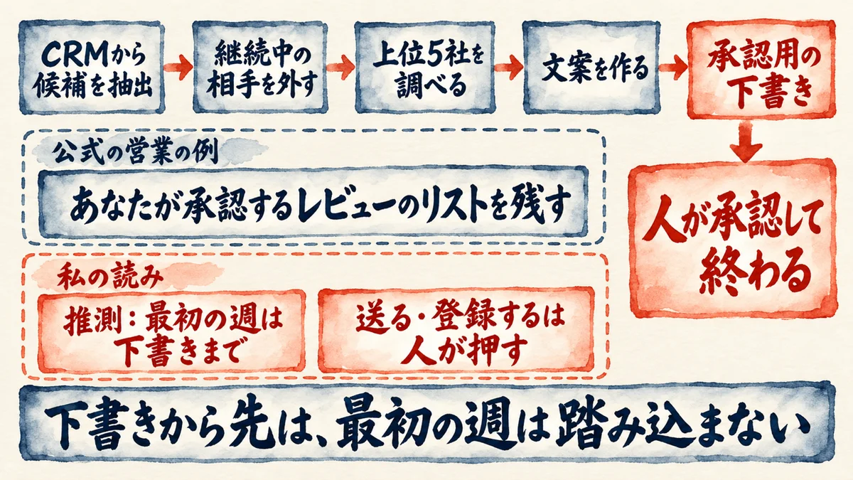 営業の流れの例は、CRMから候補を抽出、継続中の相手を外す、上位5社を調べる、文案を作る、承認用の下書き。人が承認して終わる。公式の営業の例もあなたが承認するレビューのリストを残す。私の読みは、推測として最初の週は下書きまで、送る・登録するは人が押す、の図解