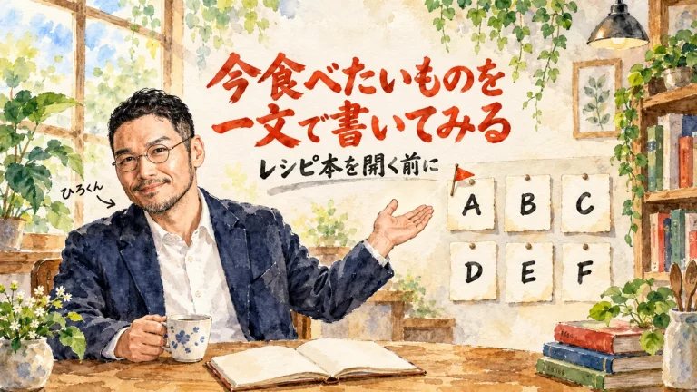 今食べたいものを一文で書いてみる。レシピ本を開く前に、ひろくんがA〜Fの6つのタイプの札を紹介するアイキャッチ