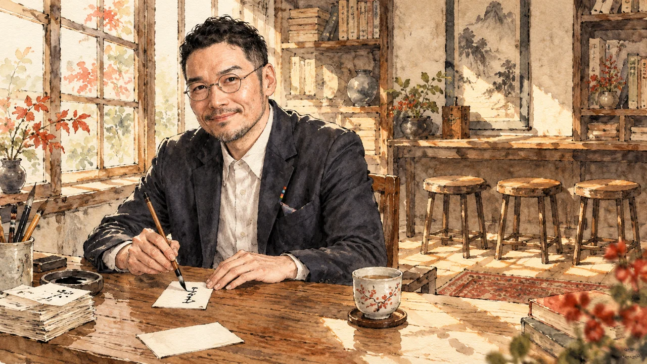 窓辺の木の机で、ひろくんが筆で小さな紙に1行だけ書いている情景。机の左には案を書いたカードの山が脇に寄せられ、向こうに空いた丸椅子が3つ並ぶ。AIで案が増えても、試してもらう相手と確定の線は自分で決める、という絵