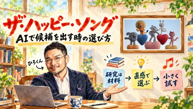 ザ・ハッピー・ソング、AIで候補を出す時の選び方。研究は材料、直感で選ぶ、小さく試す、の3枚の付箋。右上の額縁に、元記事のCNNのイメージ画像