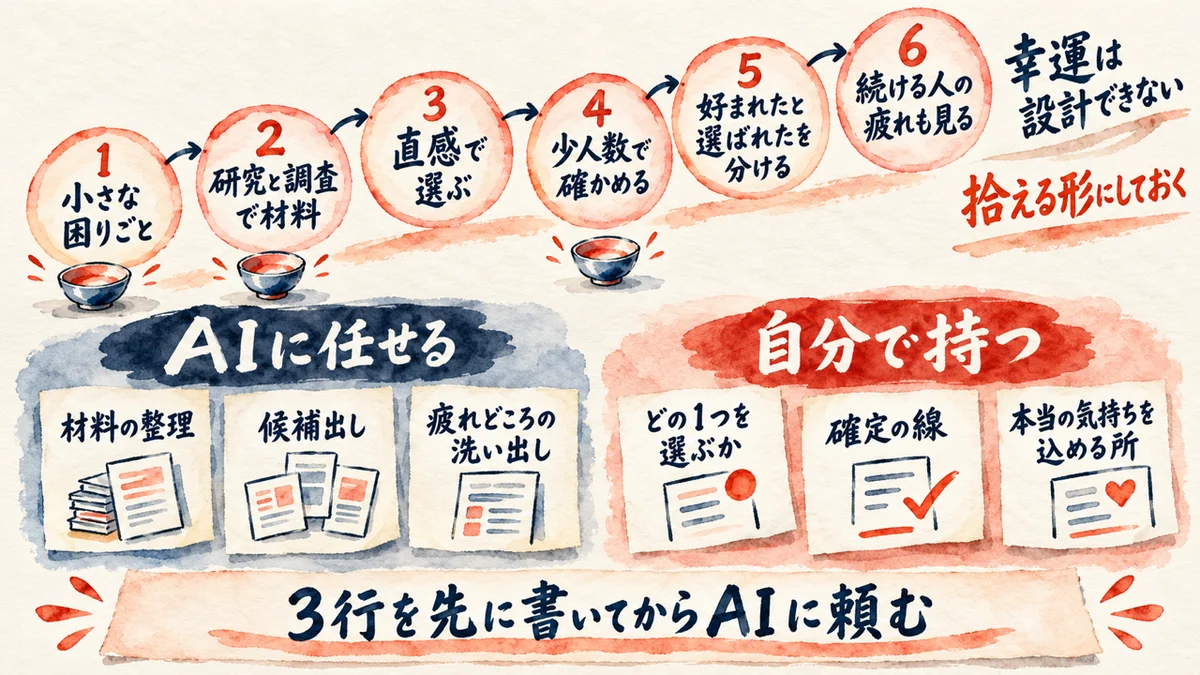 小さな困りごと、研究と調査で材料、直感で選ぶ、少人数で確かめる、好まれたと選ばれたを分ける、続ける人の疲れも見る、の6つの順番。幸運は設計できず、拾える形にしておく。AIに任せるのは材料の整理、候補出し、疲れどころの洗い出し。自分で持つのはどの1つを選ぶか、確定の線、本当の気持ちを込める所、の図解