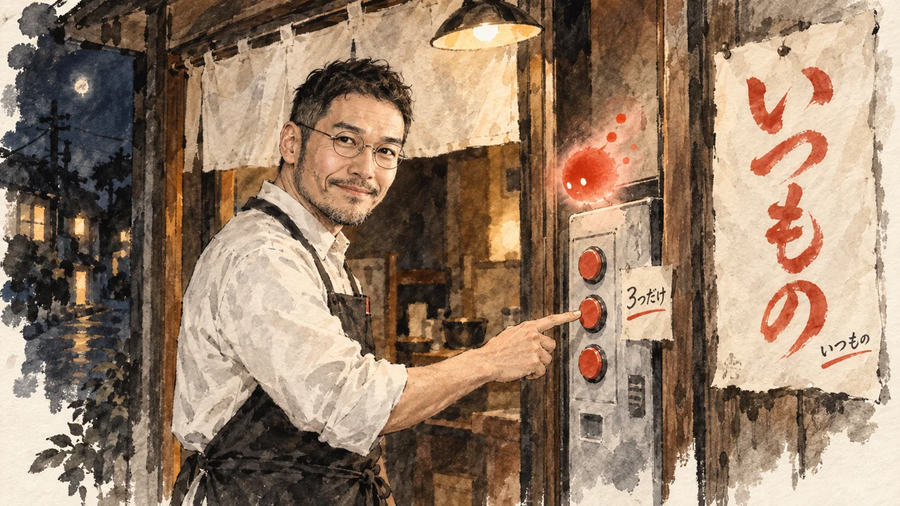 夜の定食屋の入口で、ひろくんが券売機のボタンを指さし、壁の「いつもの」の暖簾が見える図解