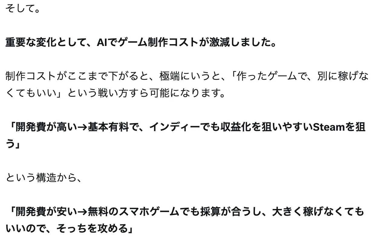 元記事キャプチャ: イケハヤさんのX記事の画面。AIでゲーム制作コストが激減し、「作ったゲームで、別に稼げなくてもいい」という戦い方も可能になる、と書かれた部分