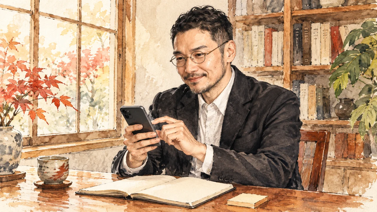 窓辺の机で、ひろくんが手に持ったスマホの画面を指でそっと触って確かめているイラスト。机にはノートと湯呑みと付箋