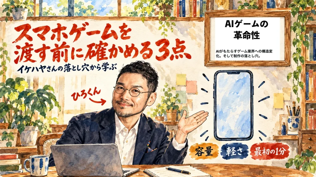 スマホゲームを渡す前に確かめる3点、というタイトルの水彩イラスト。ひろくんが机のノートPCの前で、右の壁のスマホの絵と、容量・軽さ・最初の1分の3つの札を手で示している。右上の額縁にはイケハヤさんのX記事の画面が入っている