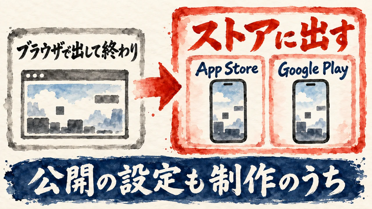 ブラウザで出して終わりにせず、ストアに出す図解。App StoreとGoogle Playに出し、公開の設定も制作のうち