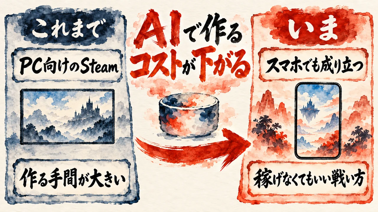 これまではPC向けのSteamで作る手間が大きかったが、AIで作るコストが下がり、いまはスマホでも成り立ち、稼げなくてもいい戦い方ができる、という対比の図解