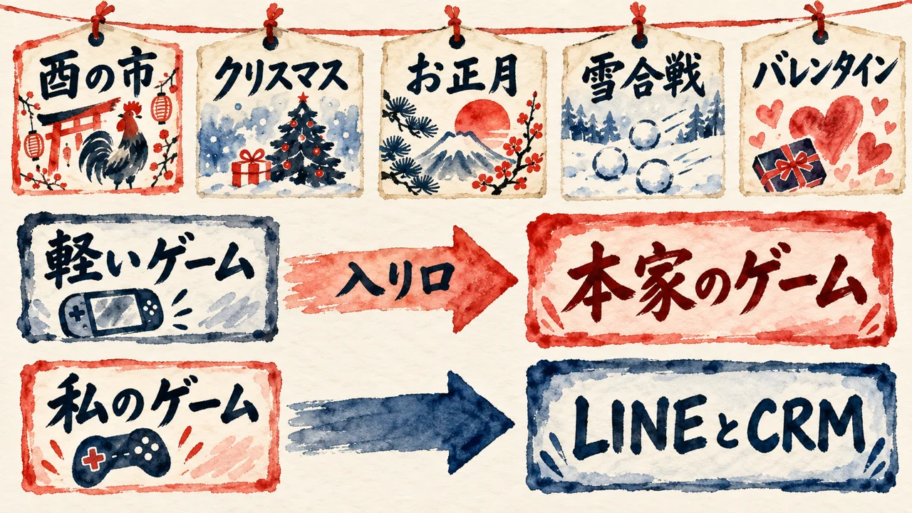 酉の市・クリスマス・お正月・雪合戦・バレンタインとイベントを足し続ける運用型の図解。軽いゲームを入り口に本家のゲームへ、私のゲームを入り口にLINEとCRMへつなぐ