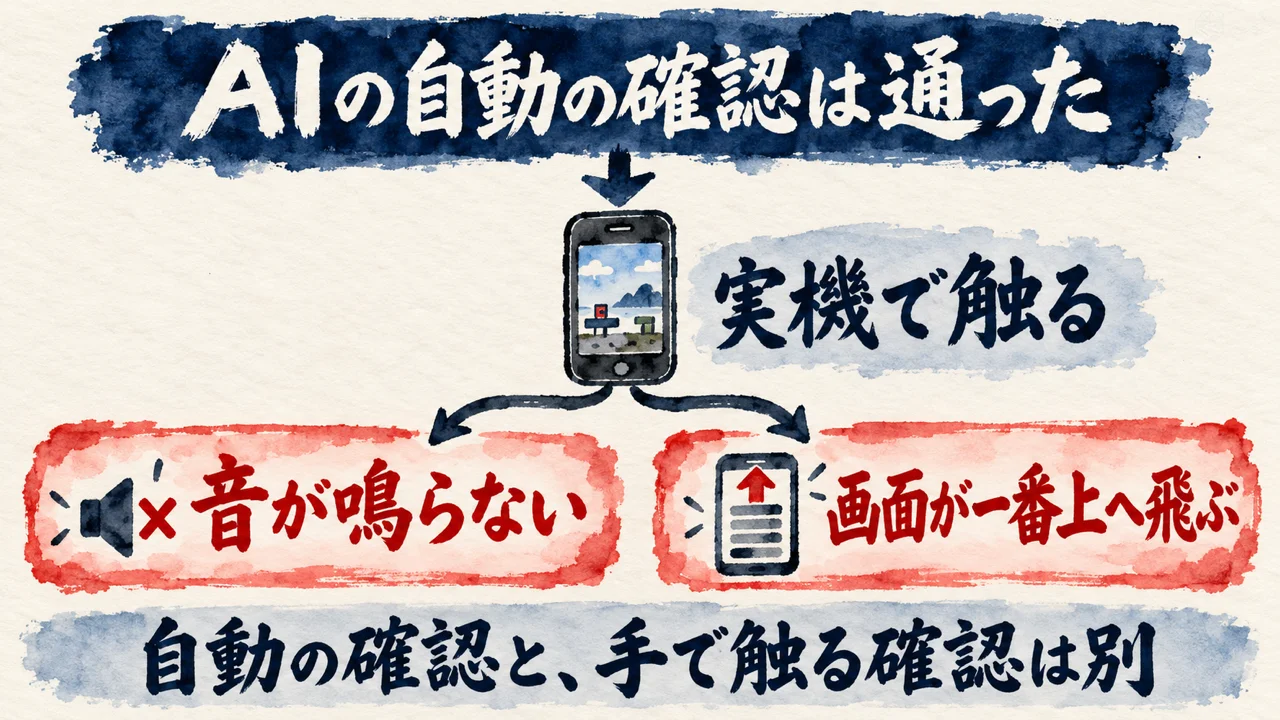 AIの自動の確認は通っても、スマホの実機で触ると音が鳴らない、画面が一番上へ飛ぶ問題が出た図解。自動の確認と手で触る確認は別