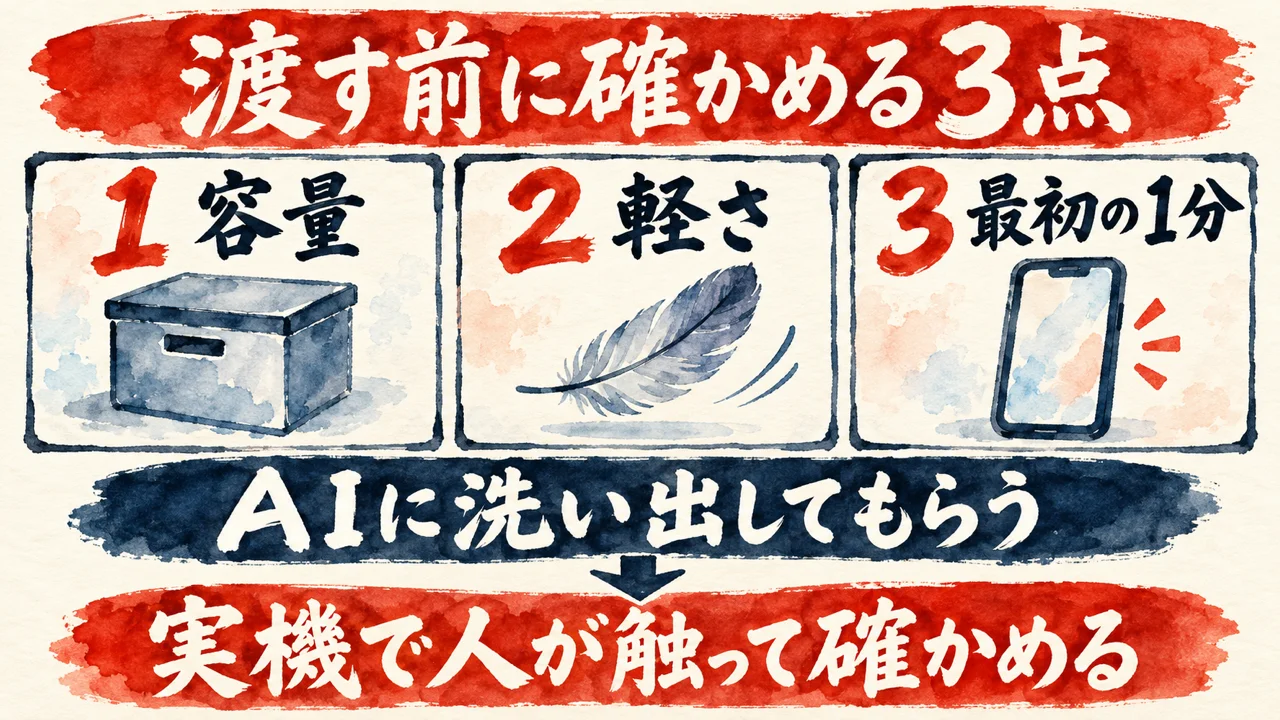 渡す前に確かめる3点（容量・軽さ・最初の1分）をAIに洗い出してもらい、実機で人が触って確かめる流れの図解