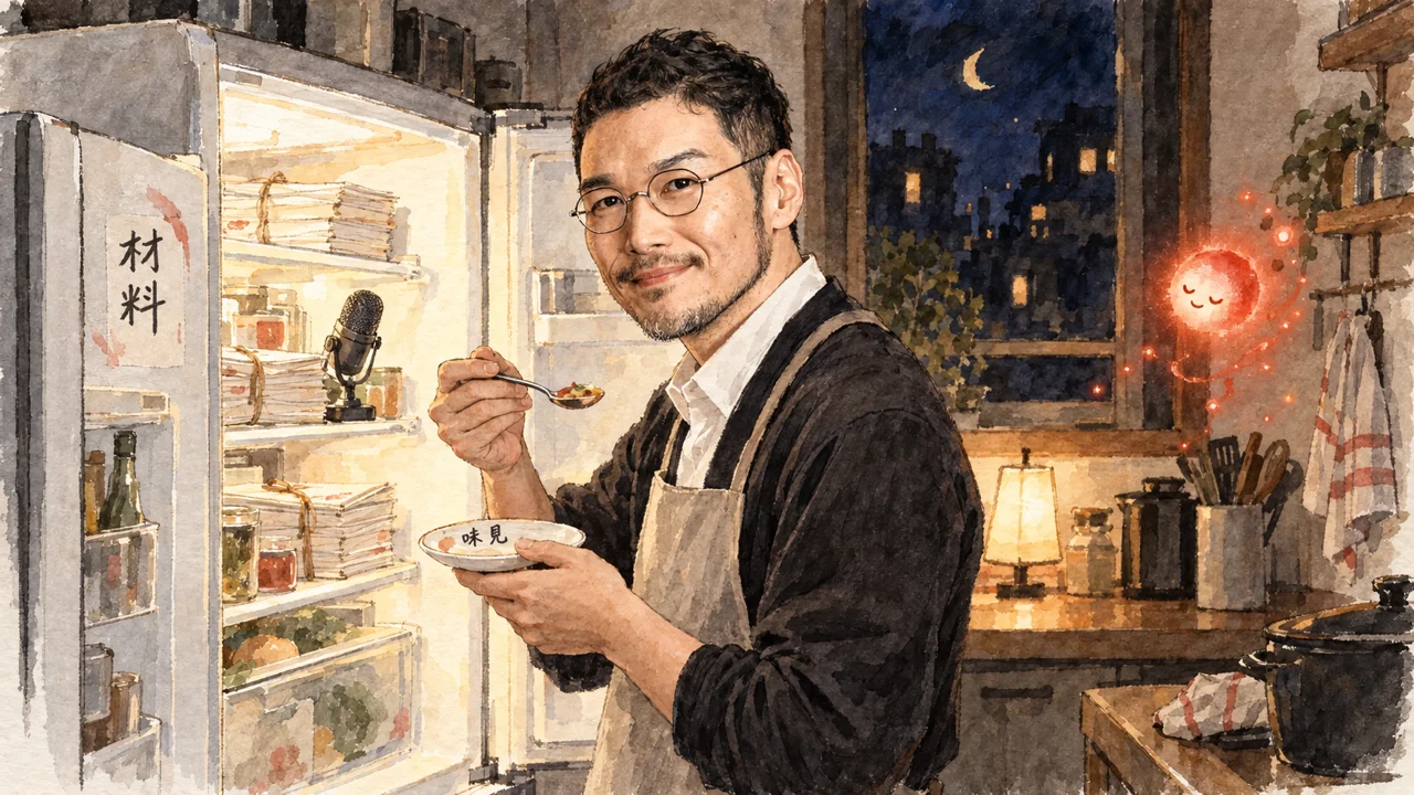 夜の厨房で冷蔵庫の中身を確かめ、皿を味見するひろくんのコラム図解