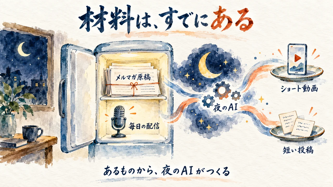 冷蔵庫に入ったメルマガ原稿と毎日の配信から、二本のループが短い動画と投稿になる図解