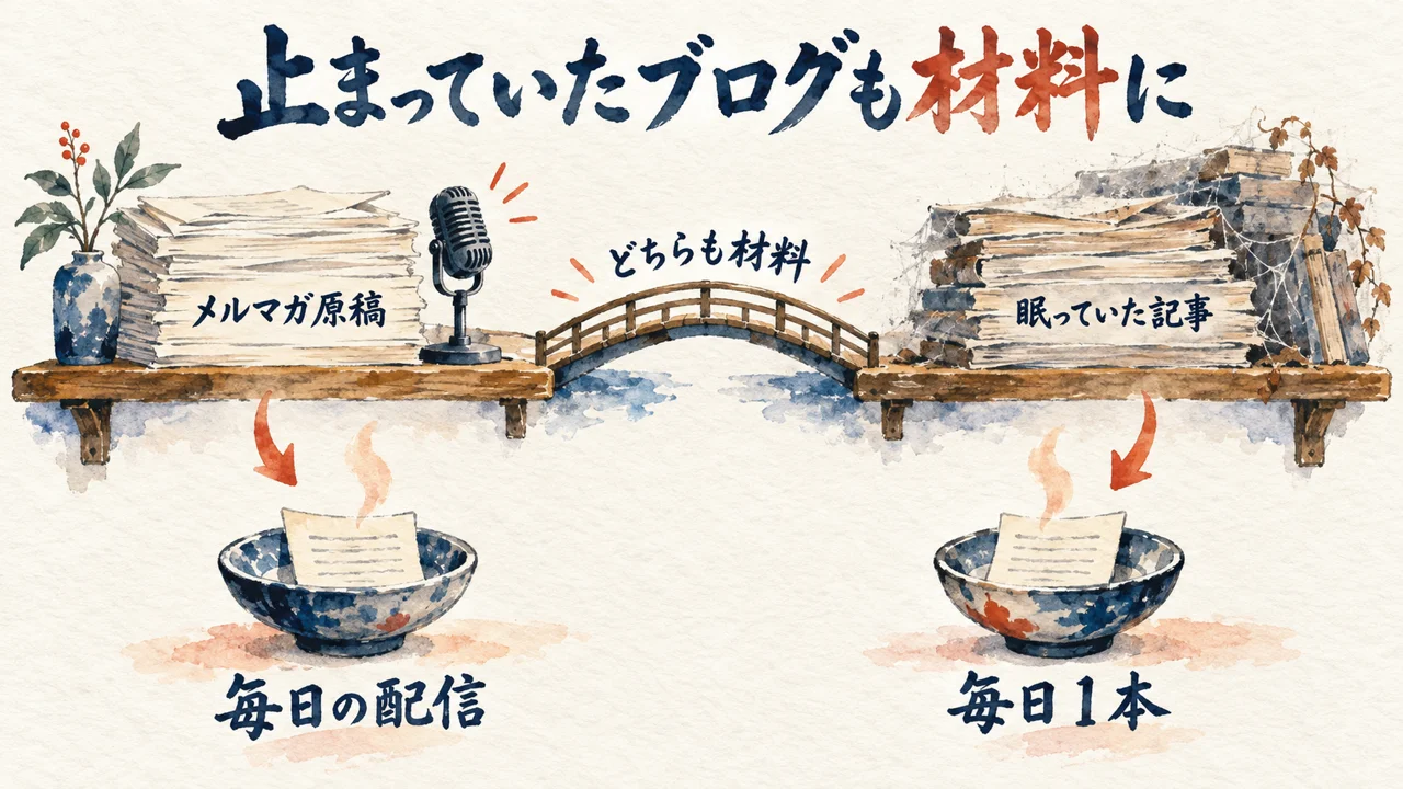 新しい原稿の棚と、眠っていた古い記事の棚。どちらも材料になることを対比した図解