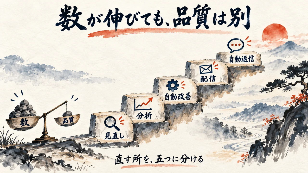 品質を直す所を五段の階段で上がる図解。足元の天秤は、数と品質が別であることを表す