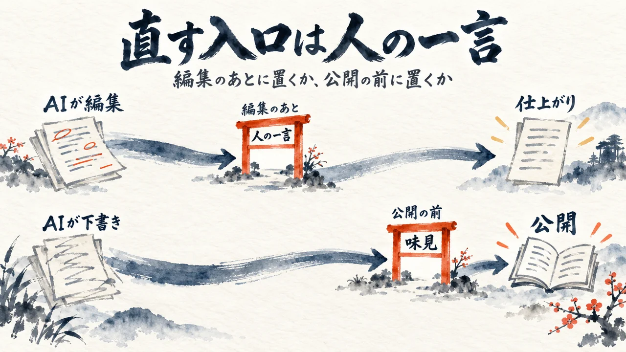 人の一言を返す関所の位置が、編集のあとと公開の前で違う二本の道の図解
