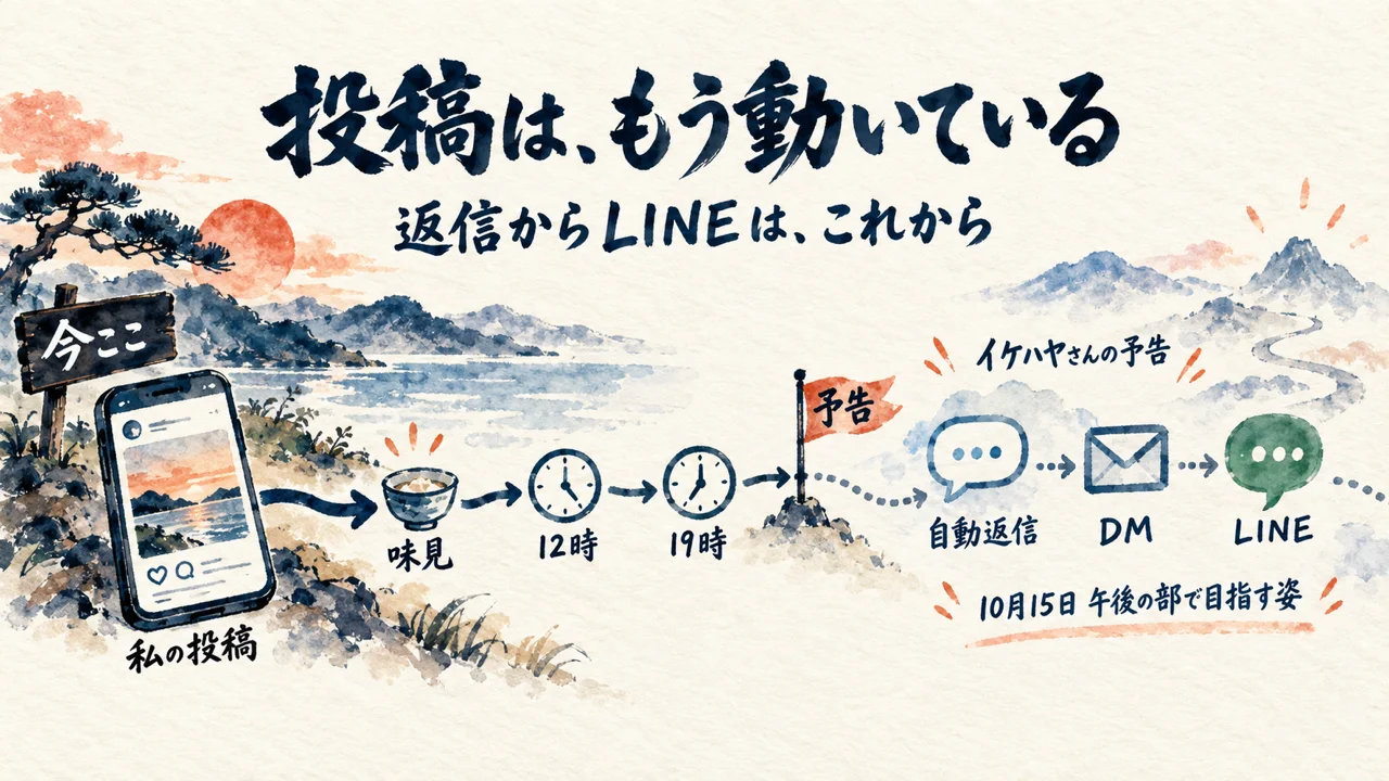 私のインスタ投稿は実線の道ですでに動いていて、自動返信・DM・LINEは点線の先にこれから伸びることを表す図解