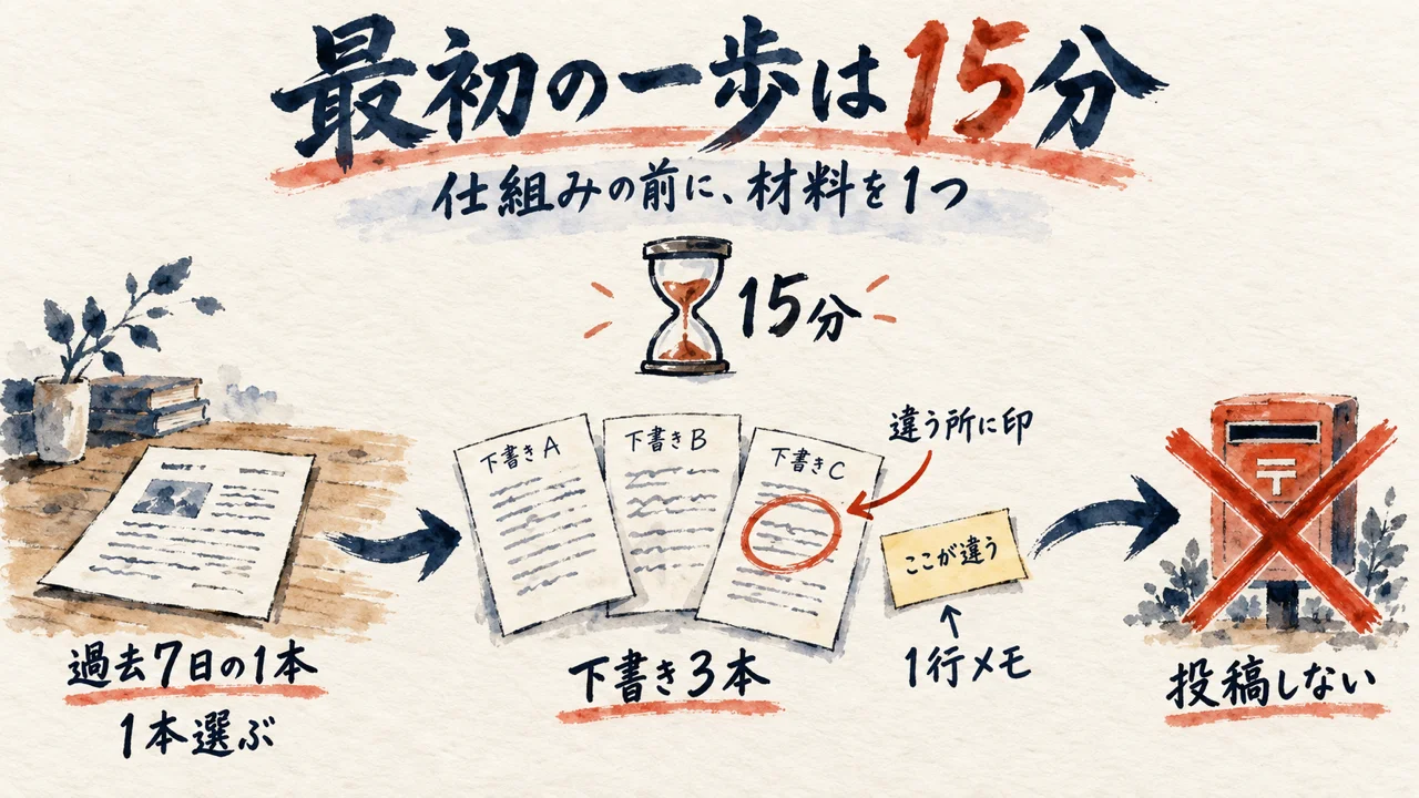 過去7日に出した1本から15分で下書き3本を作り、違う所に印と1行メモを付ける流れの図解