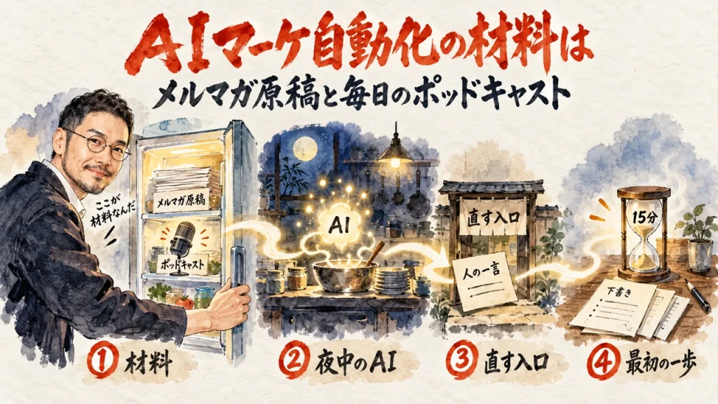 イケハヤさんのAIマーケ自動化の材料は、メルマガ原稿と毎日のポッドキャストだった：材料・夜中のAI・直す入口・最初の一歩の全体図（アイキャッチ）