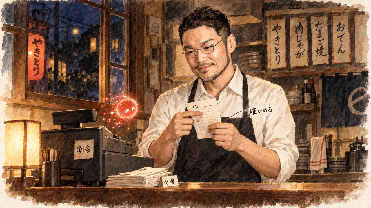 夜の食堂のレジ前で、ひろくんが注文表の数字を指で確かめ、朱色の光の粒が覗き込んでいる図解