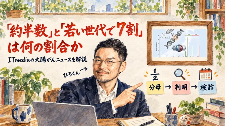 「約半数」と「若い世代で7割」は何の割合か。ITmediaの大腸がんニュースを解説するアイキャッチ。ひろくんが分母・判明・検診の3枚の付箋を指している