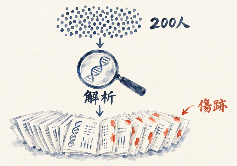 200人の点の群れを虫眼鏡で読み取ると、朱色の傷跡の印が付いた紙の束になる図解