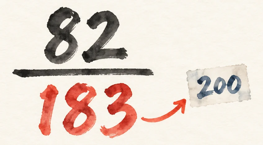 分数の分子が82、分母が183で、200と書いた淡い札から矢印が伸びている図解