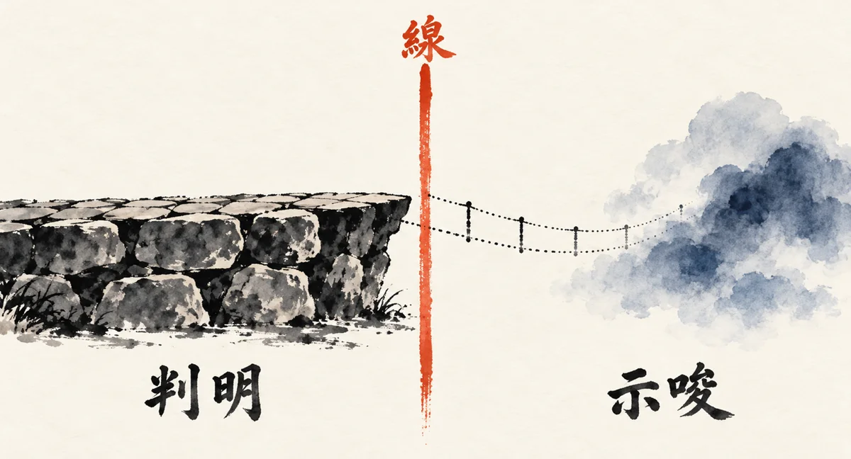 朱色の縦線の左に石畳の足場（判明）、右に点線の橋と雲（示唆）がある図解