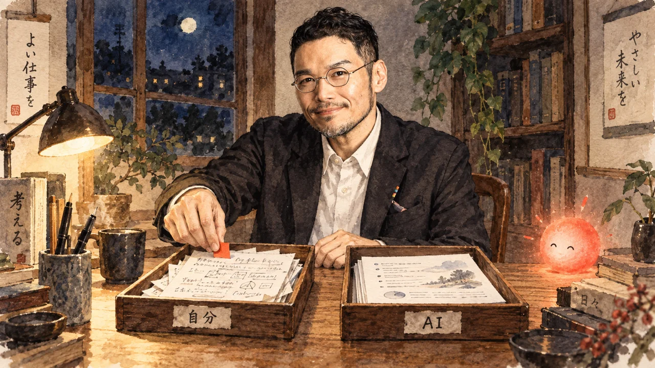 AIが書いたものと自分が書いたものを、別々の箱に分けて置くひろくんのコラム図解