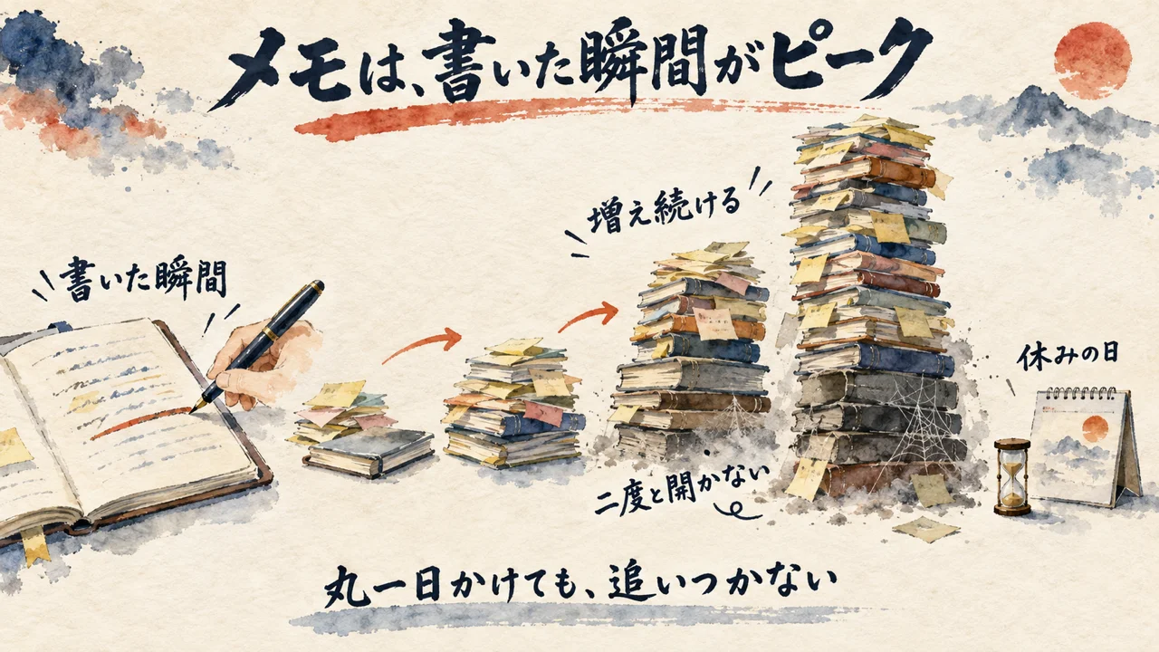 書いた瞬間が一番新しいメモが、積み上がって二度と開かれなくなっていく図解
